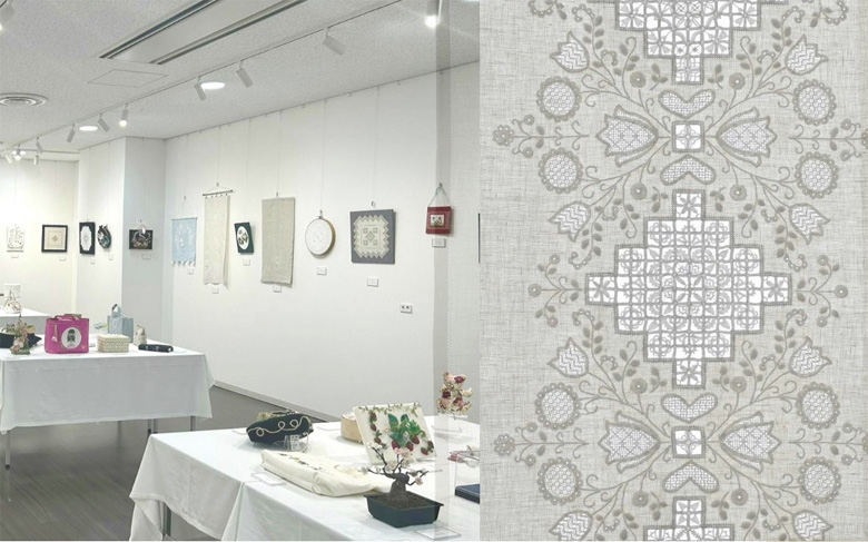 多彩な刺しゅう作品が並ぶコンテスト展示